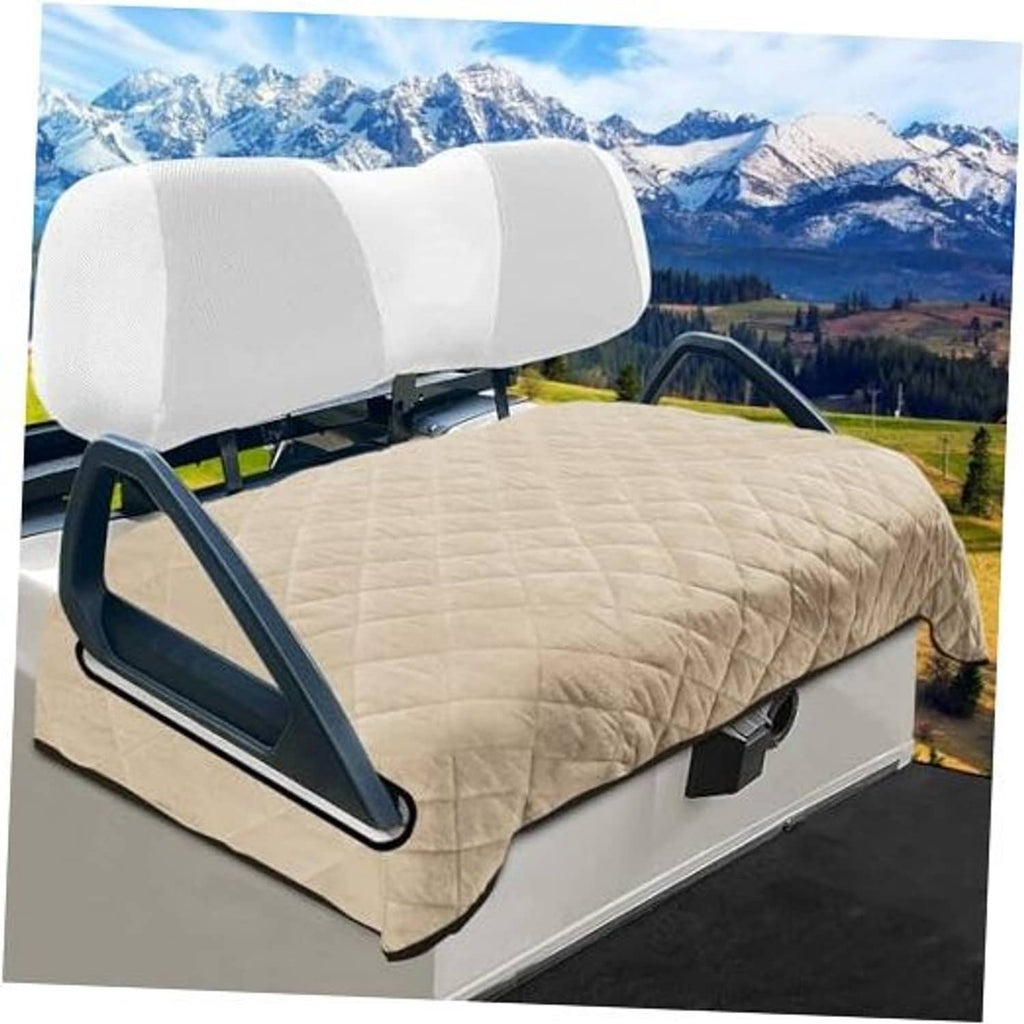 Khaki quilted plush golf cart seat cover with headrest slip-on design.