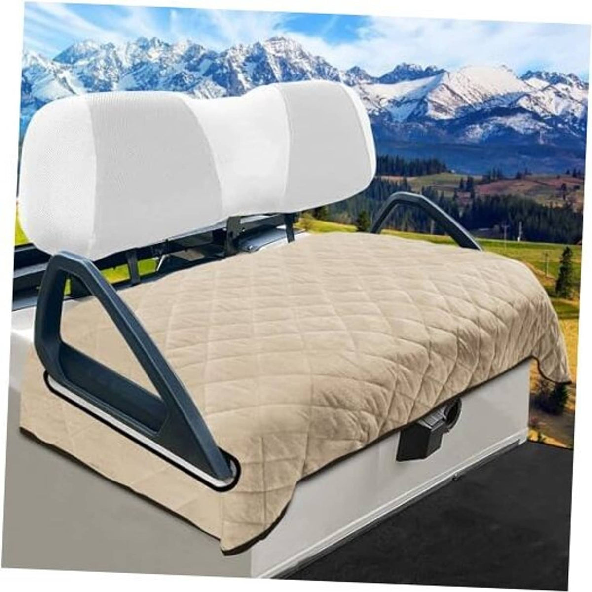 Khaki quilted plush golf cart seat cover with headrest slip-on design.