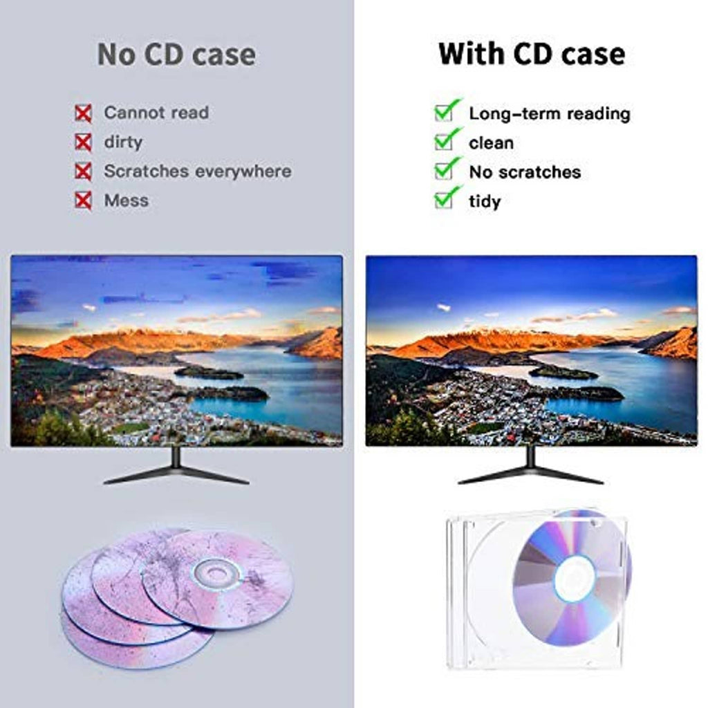 Clear single CD jewel case shown alongside a CD tray and disc example