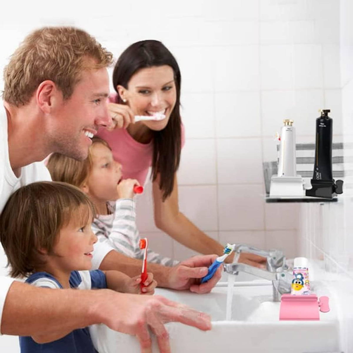 Toothpaste tube squeezers on a bathroom sink counter with multiple tube holders