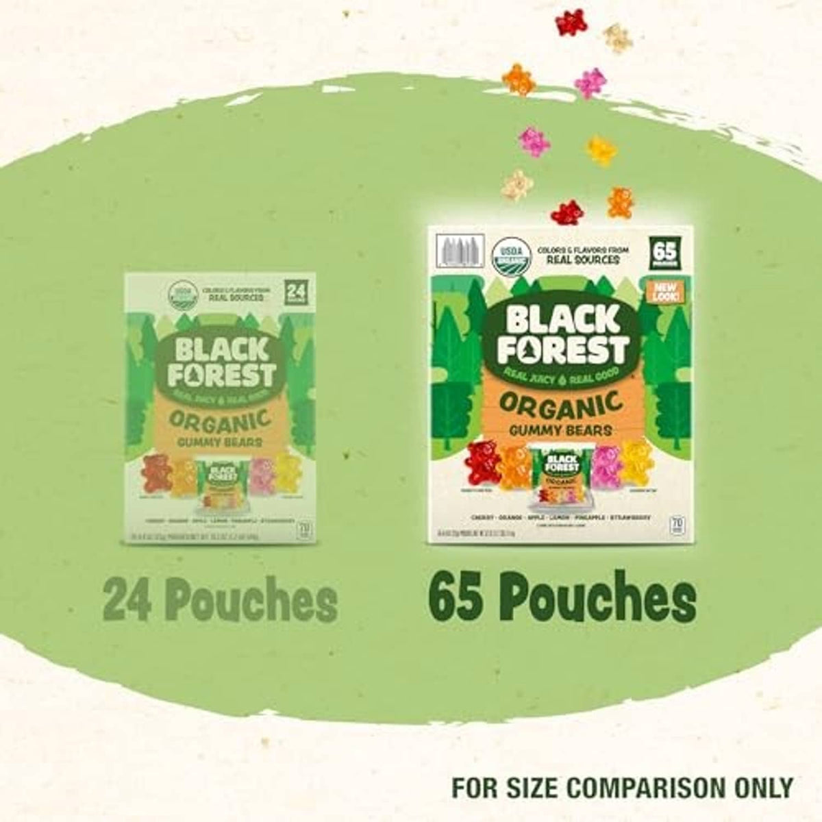 Two organic gummy bears boxes, 24 pouches and 65 pouches for size comparison