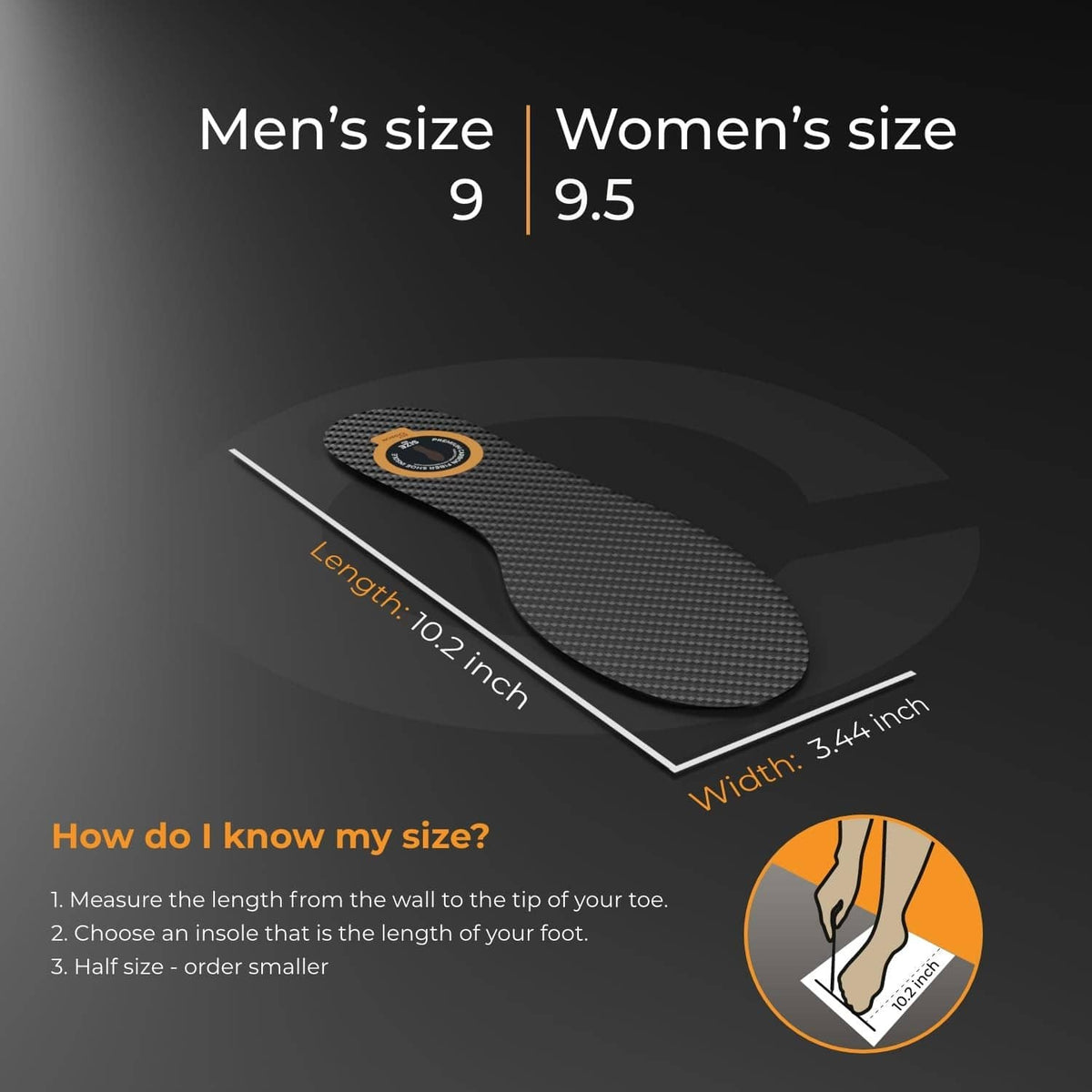 Carbon fiber shoe insole insert with size markings and curved profile