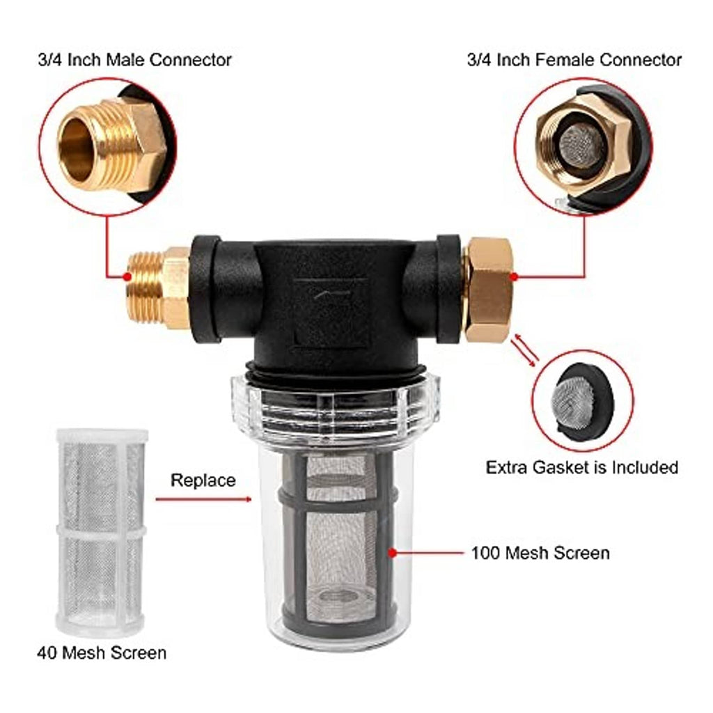 Pressure washer inlet filter with 3/4 male and female connectors, extra gasket and screen.