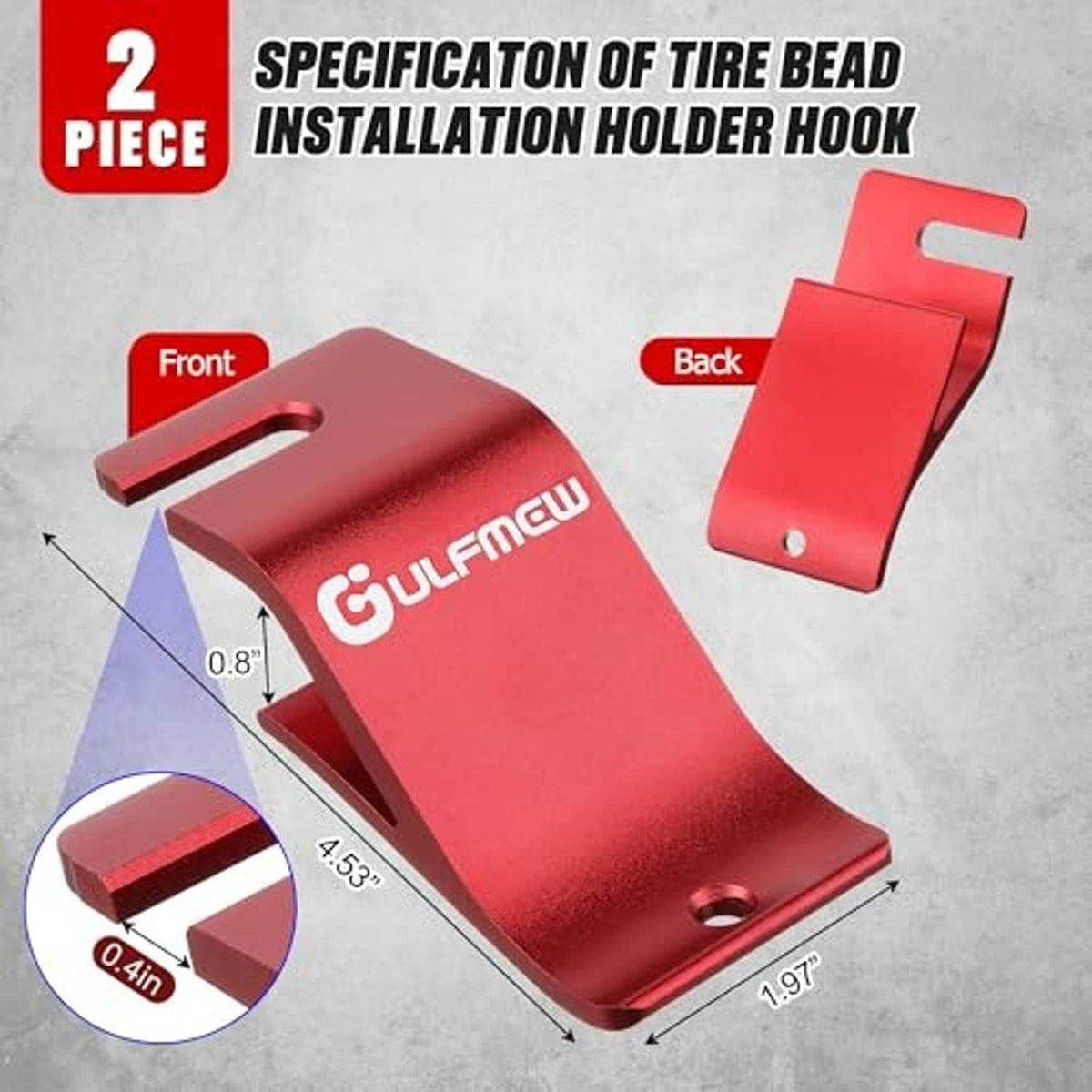 Red tire bead installation holder hook, front and back pieces for motorcycle tires