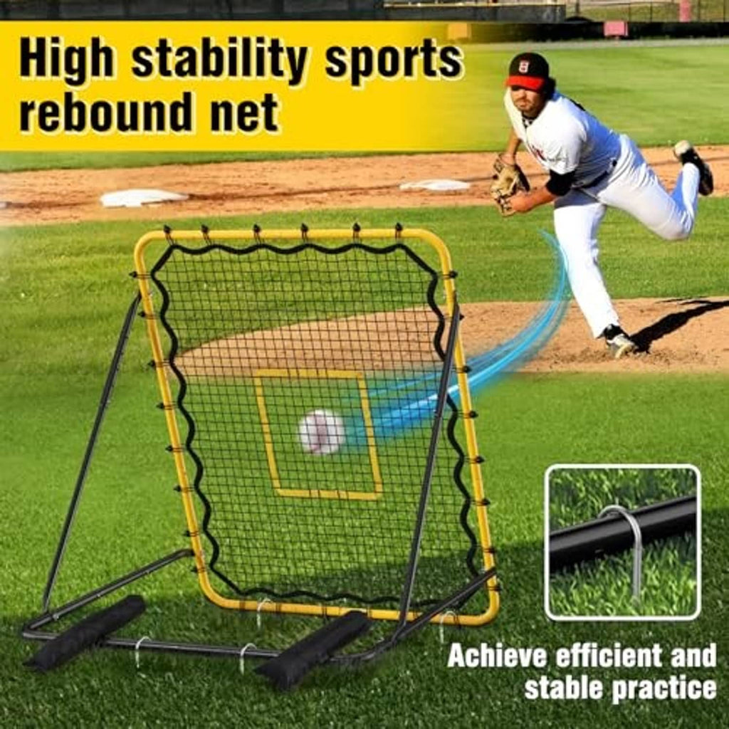 Rebound net for pitching practice with square target, yellow frame, black mesh, stable base