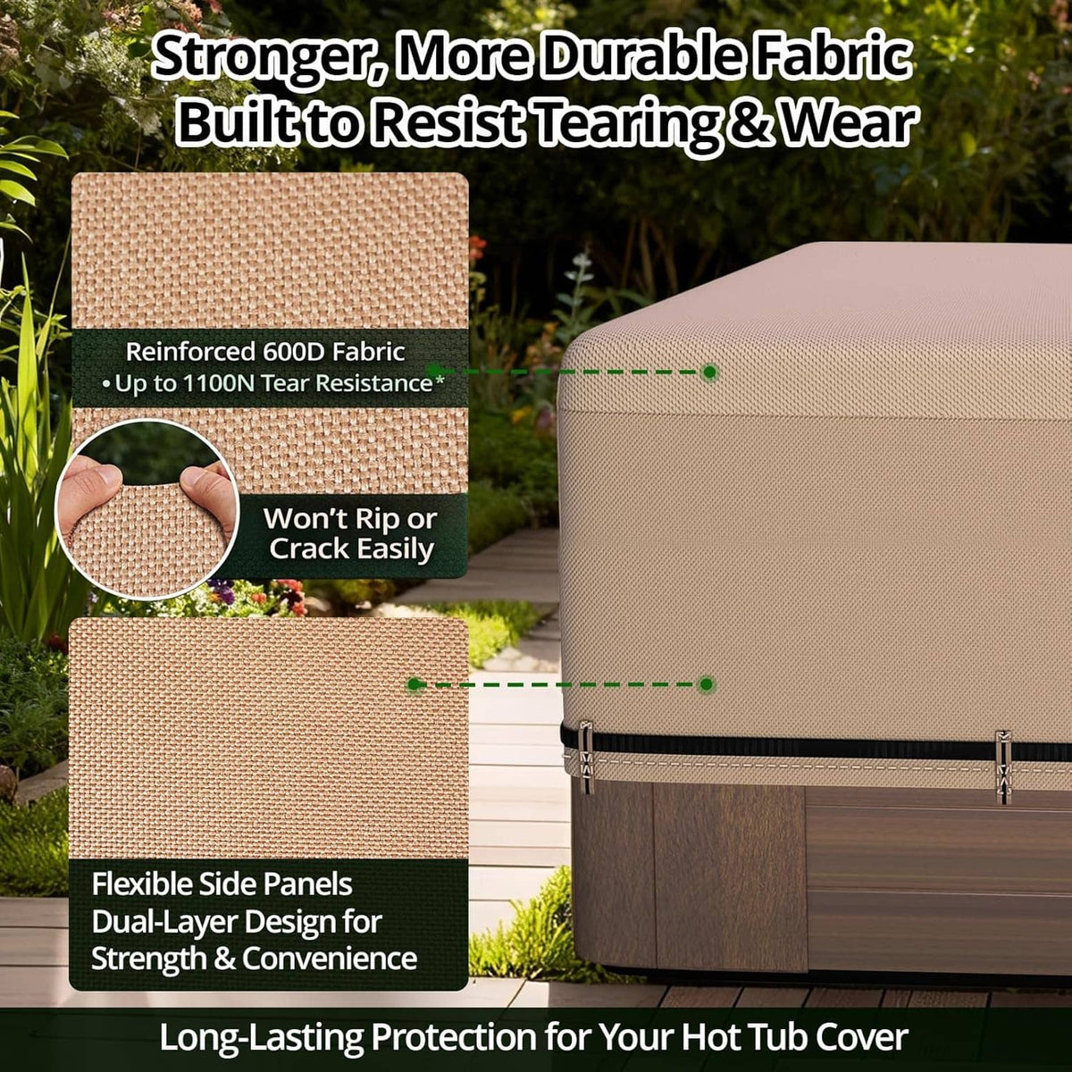 Beige 600D polyester hot tub cover with reinforced fabric texture and side panels