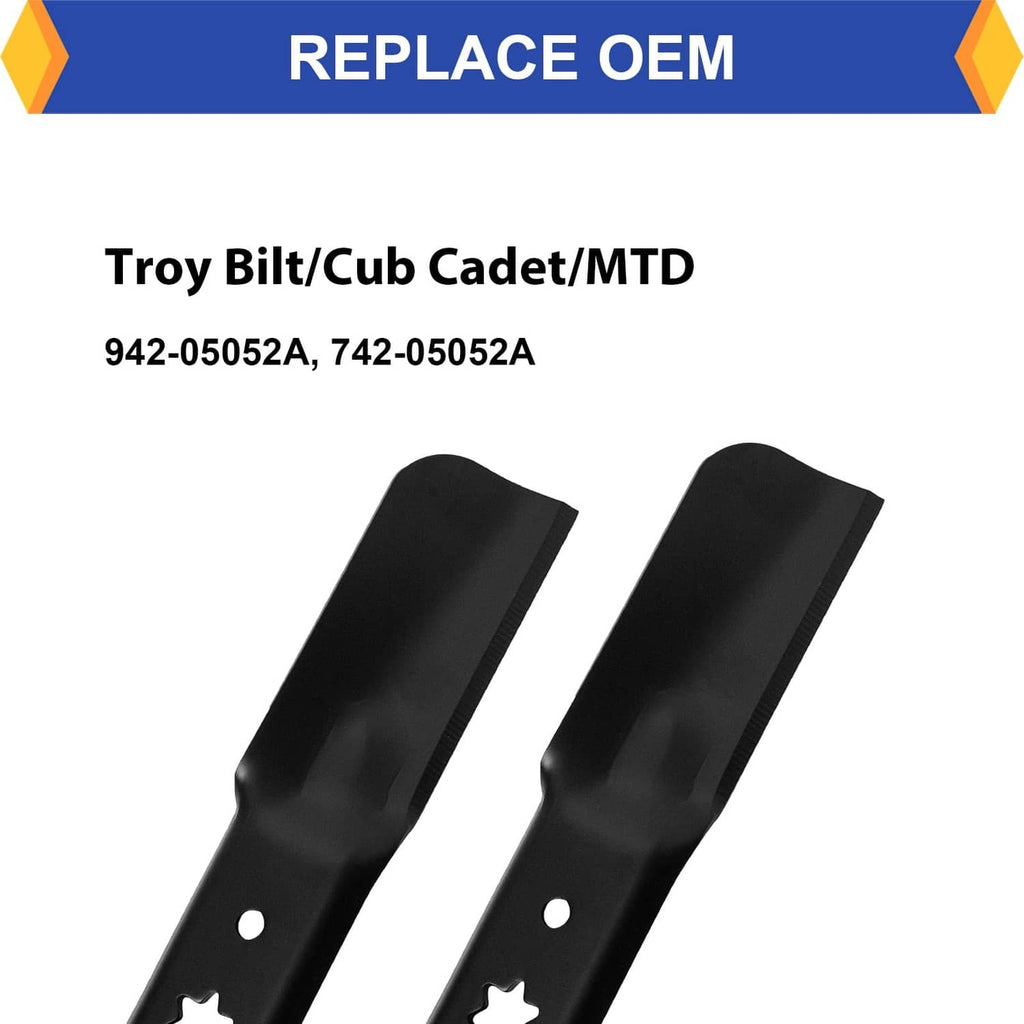 Two black replacement lawn mower blades with 6-point star center hole