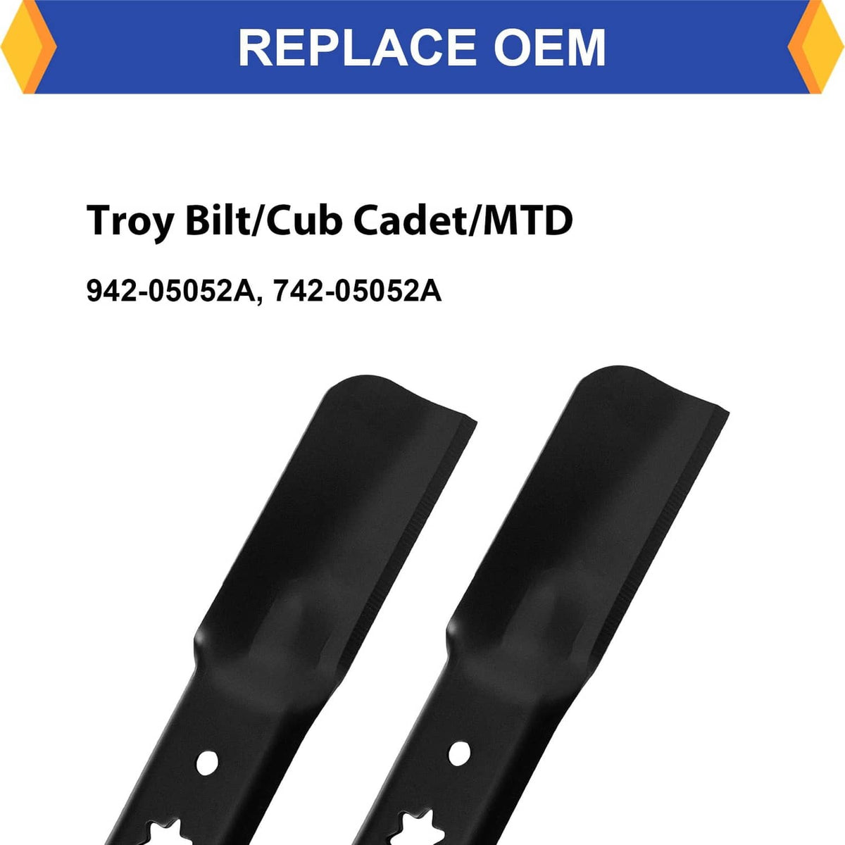 Two black replacement lawn mower blades with 6-point star center hole