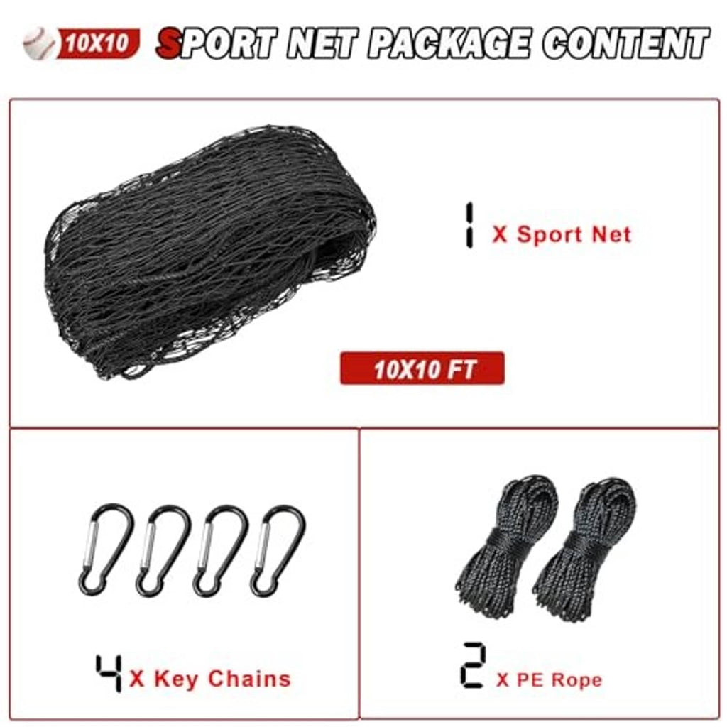 Package contents: rolled black 10x10 ft sports net, 4 key chains, and 2 rope ties