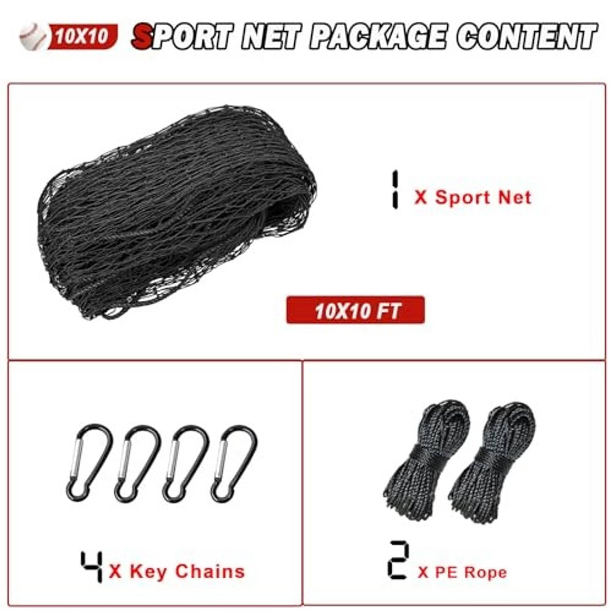 Package contents: rolled black 10x10 ft sports net, 4 key chains, and 2 rope ties