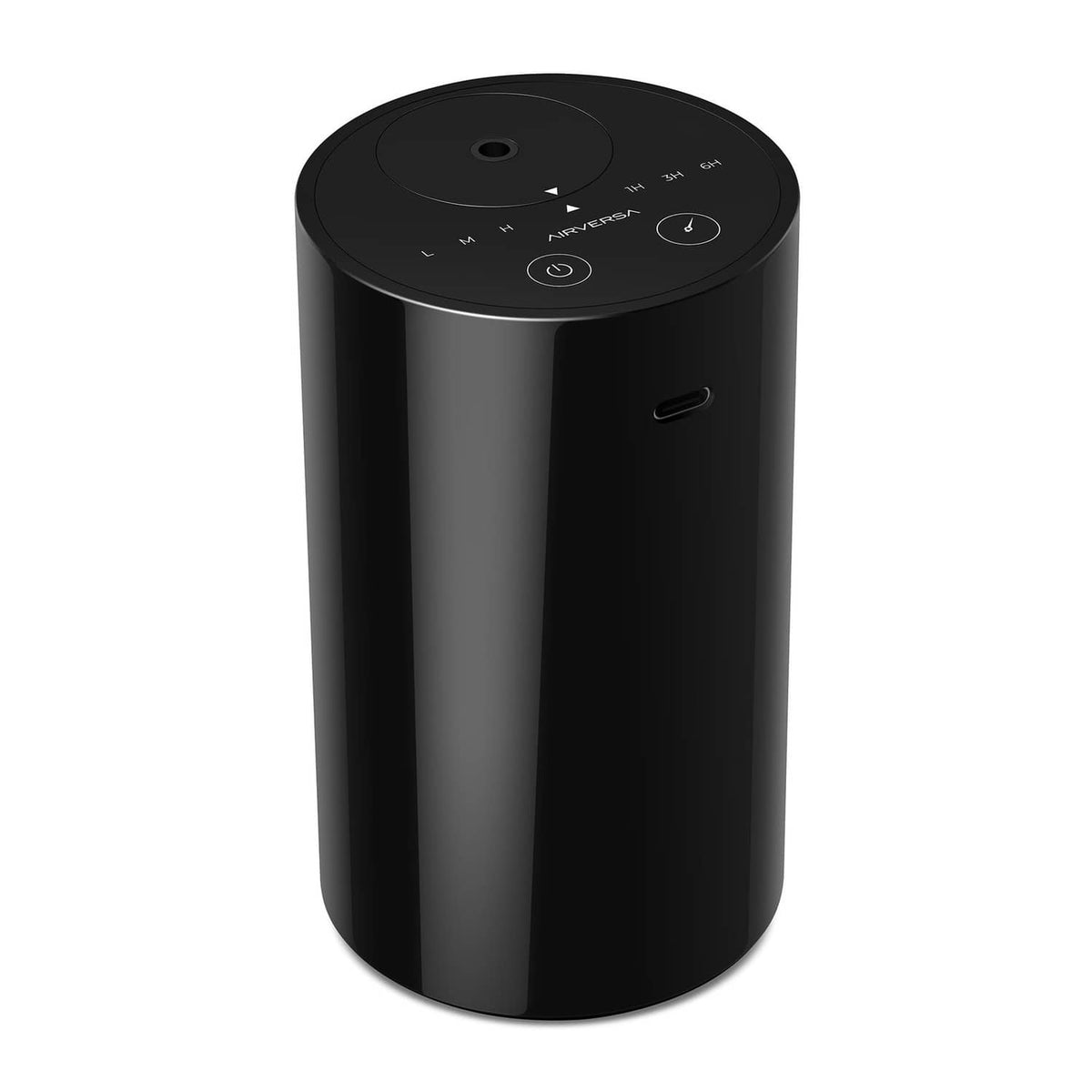 Black waterless essential oil diffuser cylinder with top control panel and mist nozzle opening