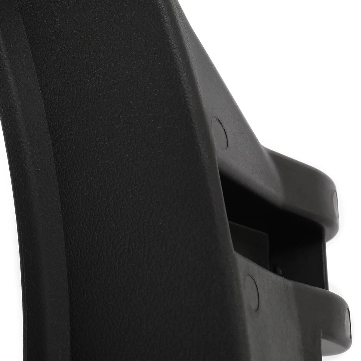 Black plastic armrest bracket detail with curved edge and mounting opening