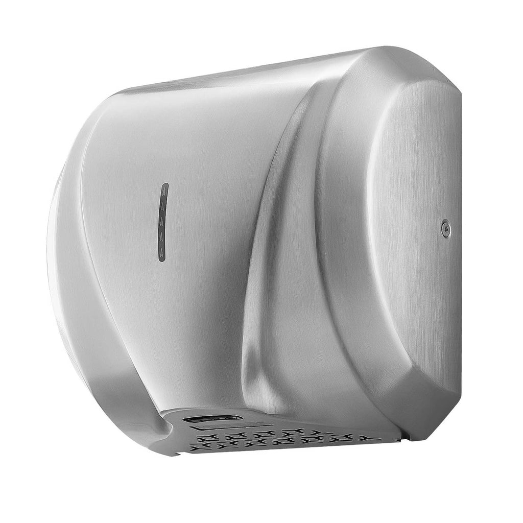 Brushed stainless steel automatic hand dryer with curved wall-mount body and air outlet