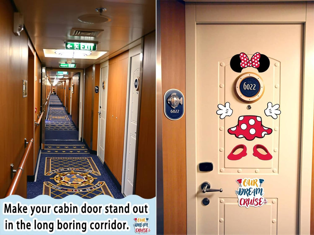 Door decoration magnets on cabin door: mouse ears, captain hat, red shoes, wheel