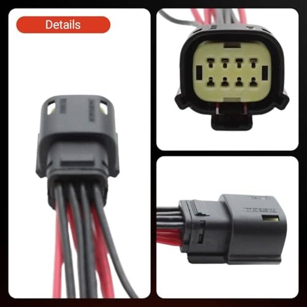 Headlight wiring harness connector details with black housing and multi-pin terminals