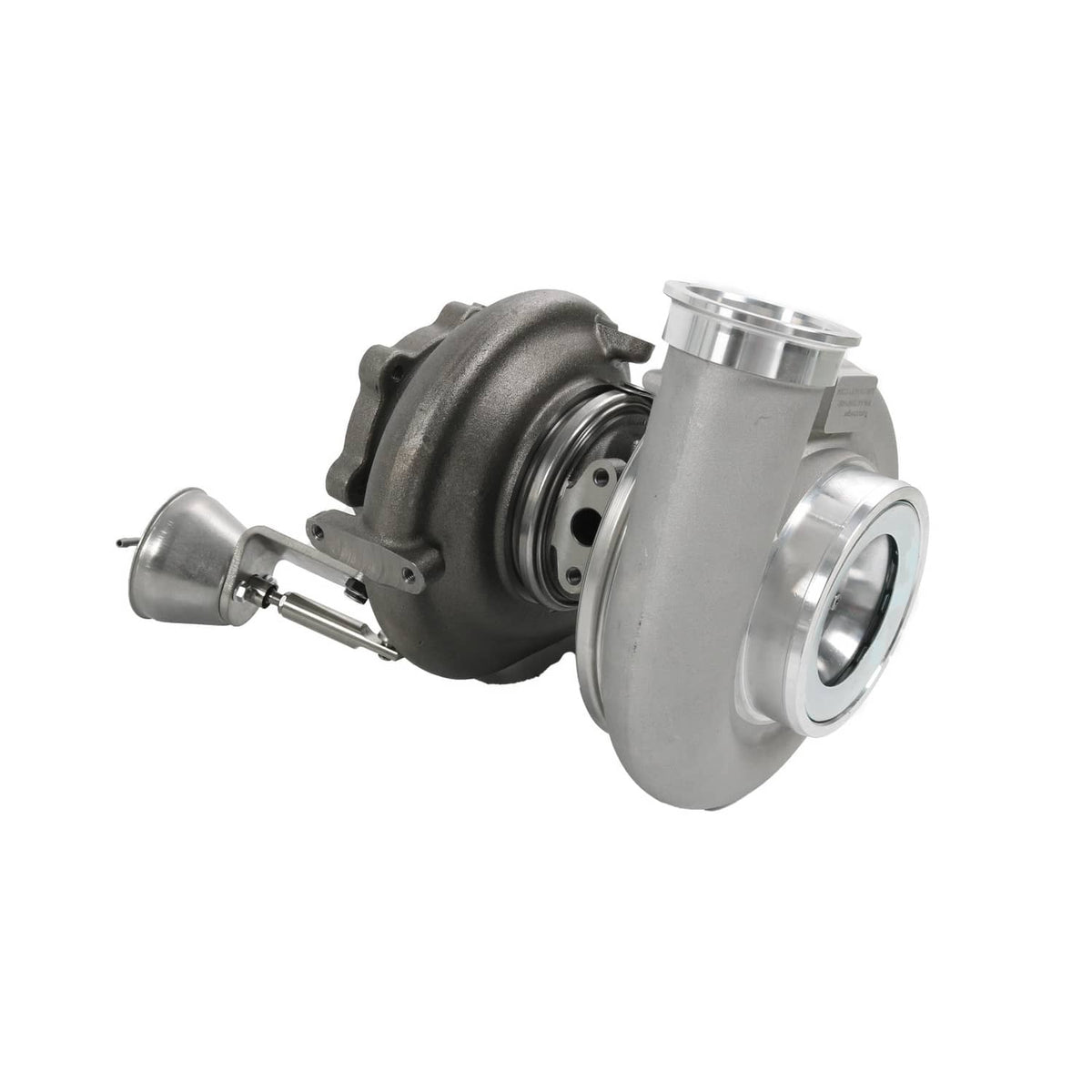 Turbocharger with metallic compressor housing and outlet, side support and linkage