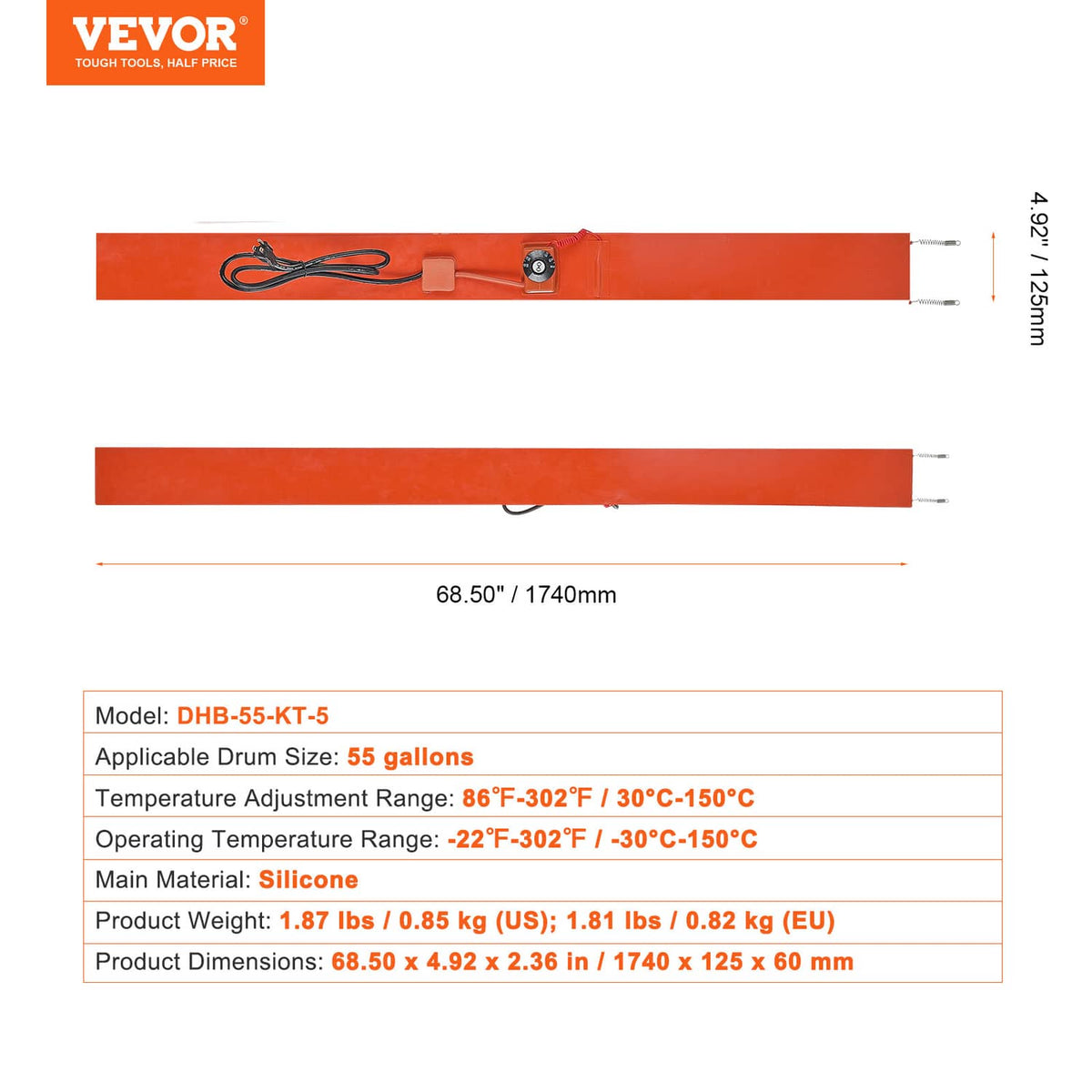 Orange drum heater dimensions diagram with mounting and power cord layout