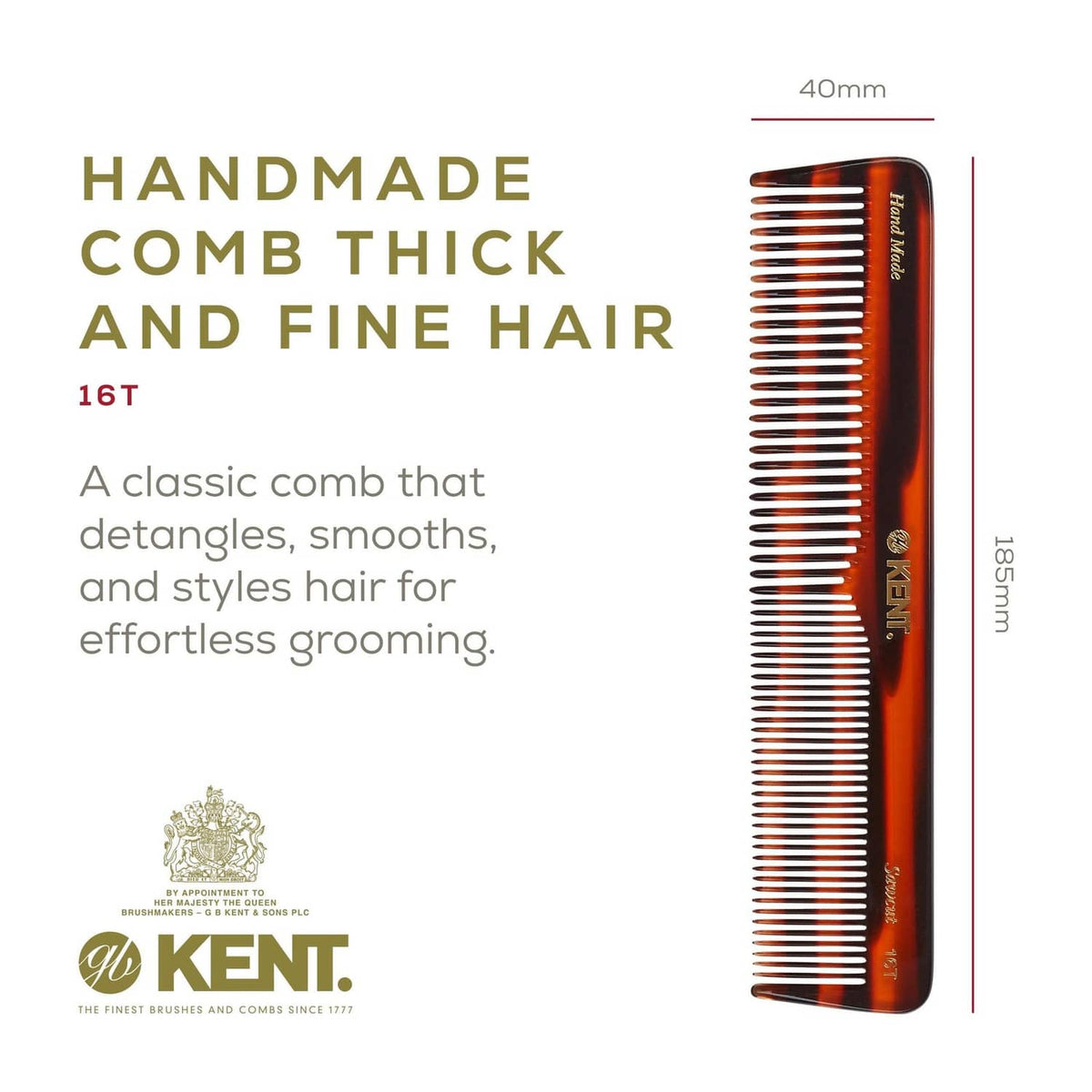 Handmade tortoiseshell comb, fine teeth and slim profile, Kent branding