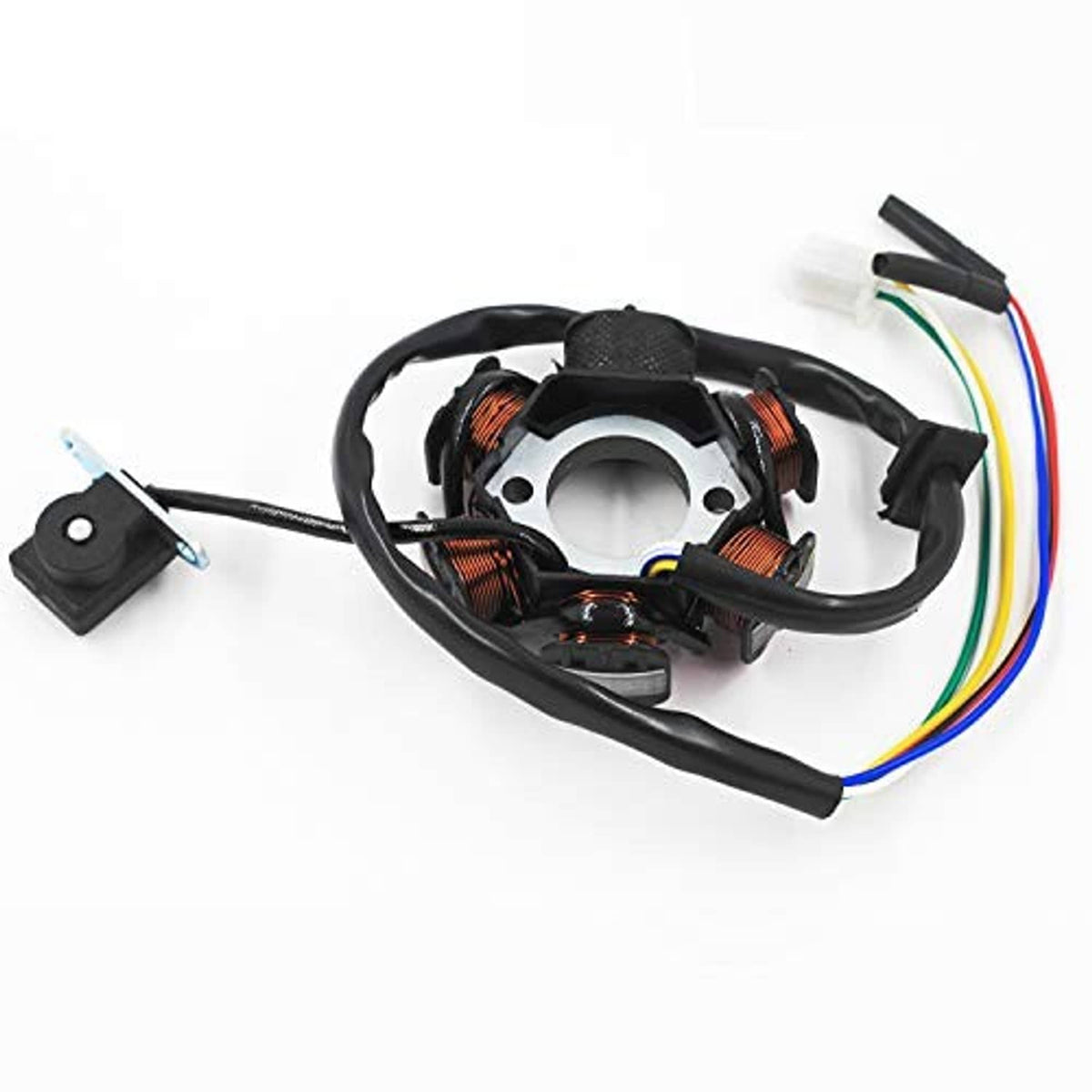 Ignition stator magneto coil assembly with side view of colored wire harness