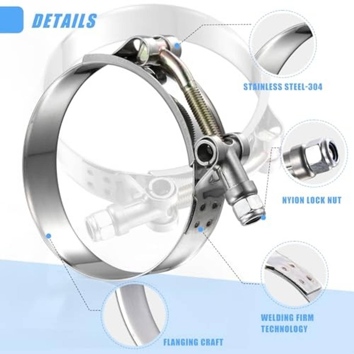 Stainless t-bolt hose clamp close-up with band, bolt, and lock nut detail