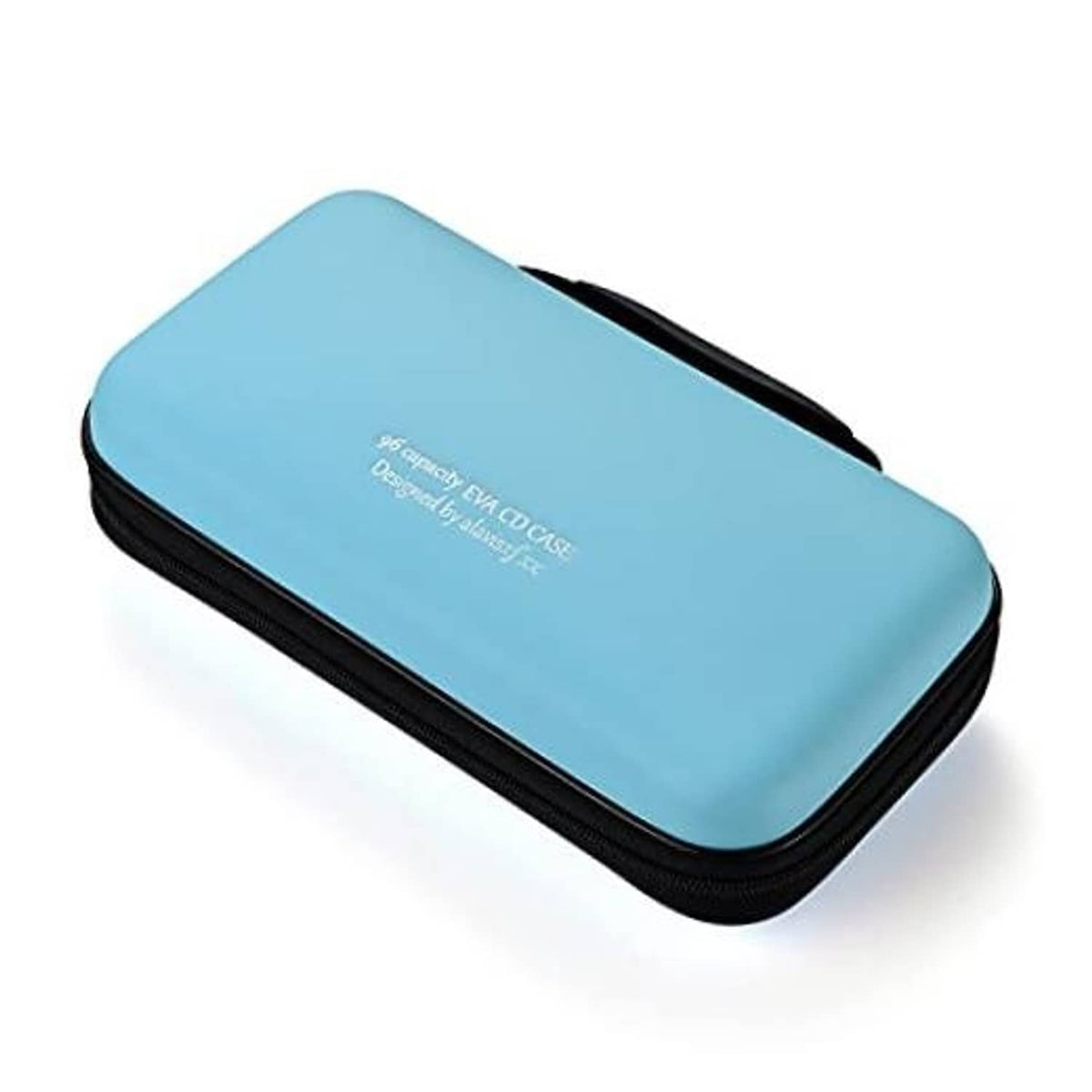 Sky blue hard EVA DVD/CD case with black zipper and rounded shell