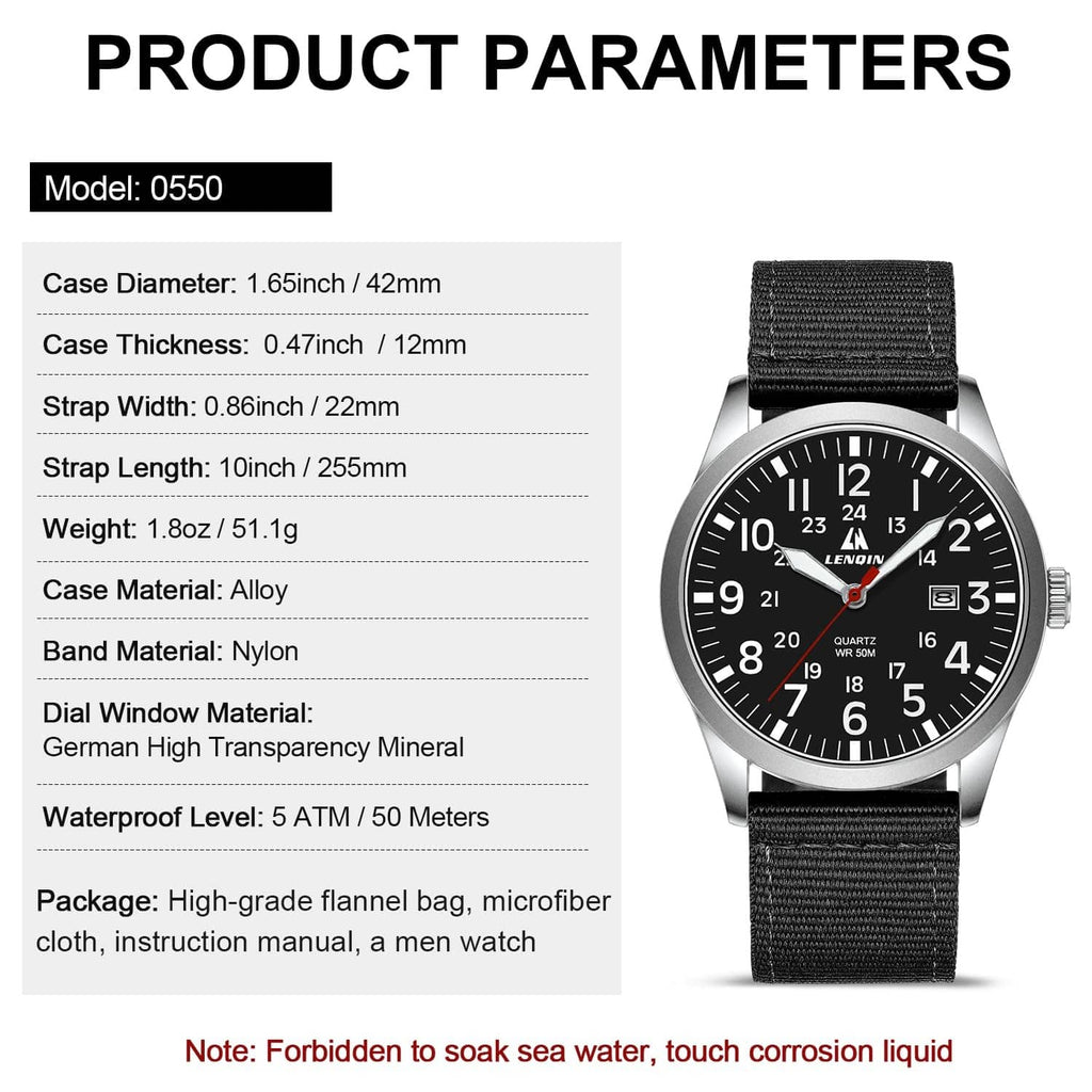 Silver-tone analog wristwatch with black dial and black nylon strap