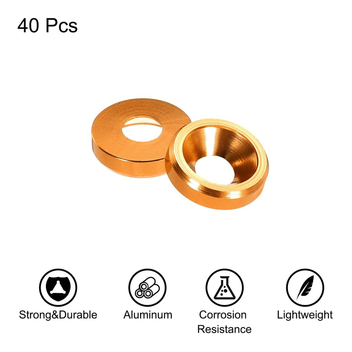 Orange cone cup countersunk washers, two pieces shown close-up