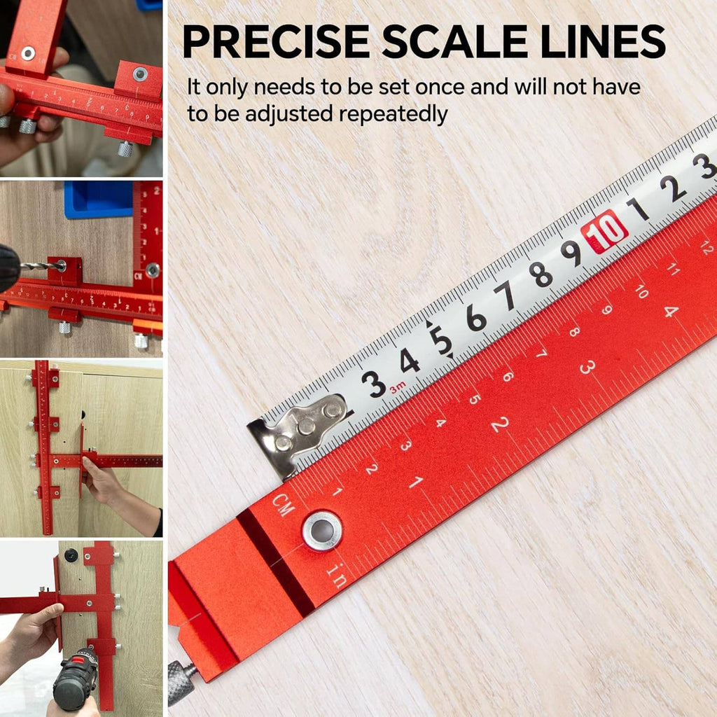 Cabinet handle jig ruler showing precise scale lines and a metal stop bar