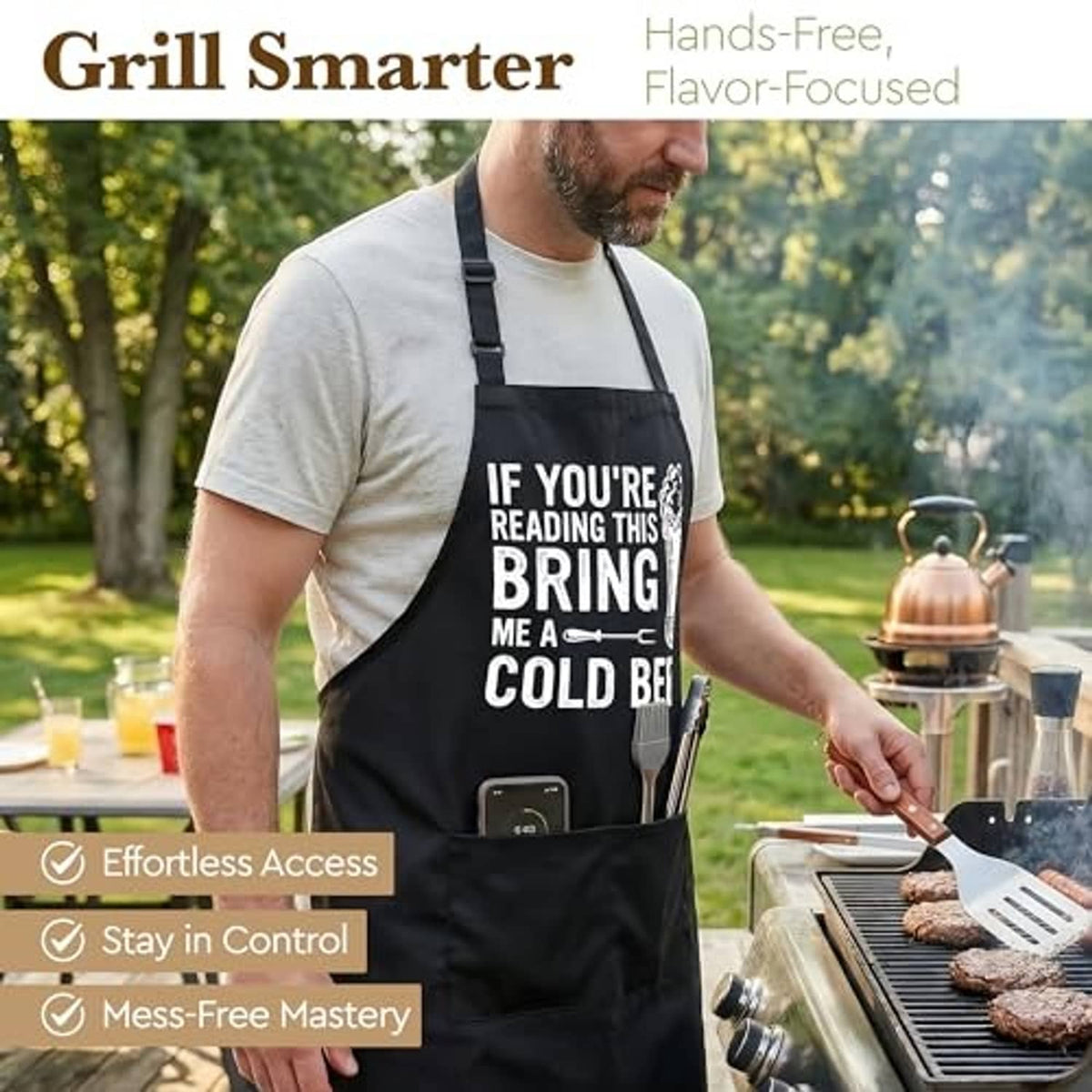 Black BBQ apron on a man grilling; front pocket and beer mug text graphic