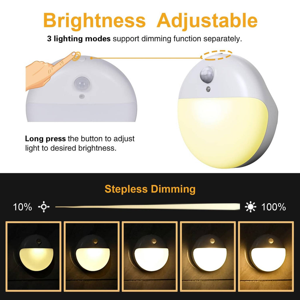 Round motion sensor night light with adjustable brightness, warm yellow glow.