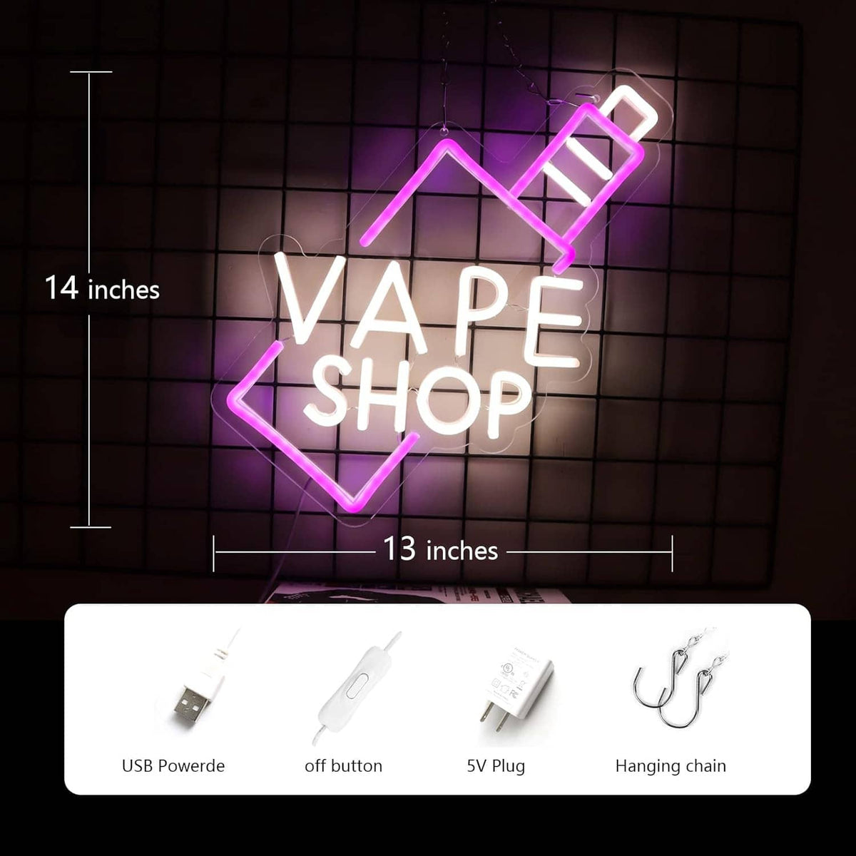 VAPE SHOP neon sign with 14-inch size markings and USB, plug, hanging chain icons