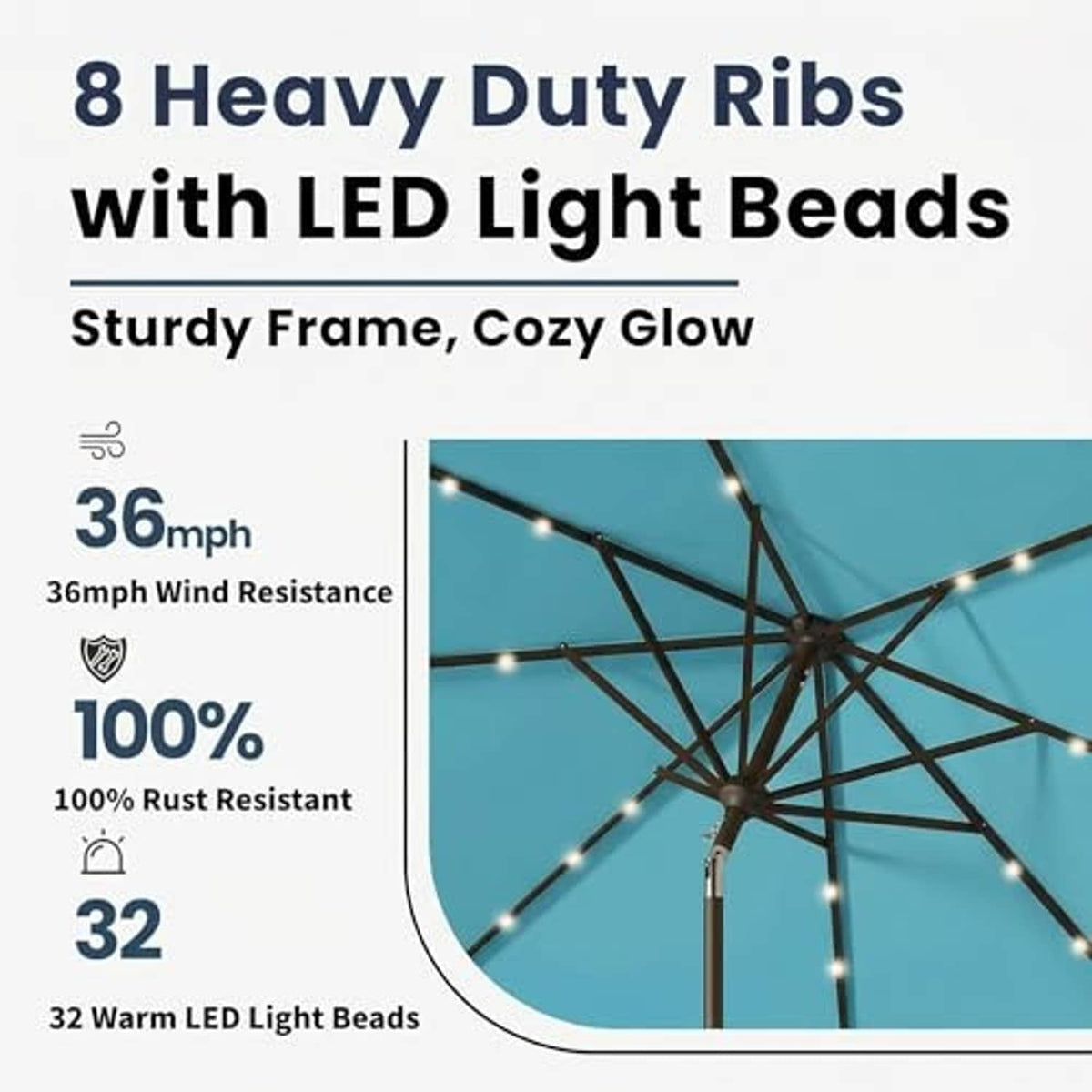 Sky blue umbrella frame with warm LED light beads around the ribs