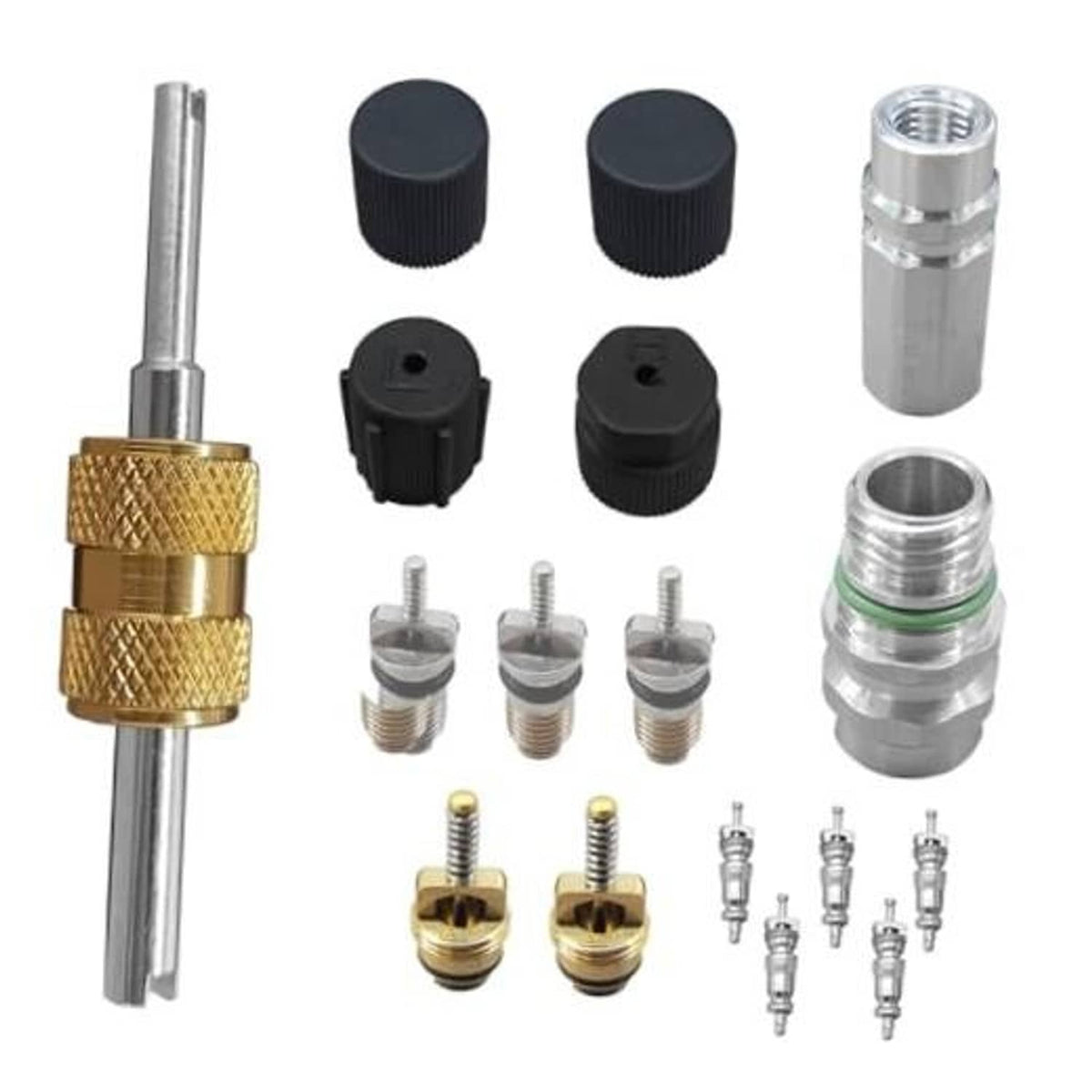 17-piece car A/C valve core kit set with brass valve, black caps, and silver cores