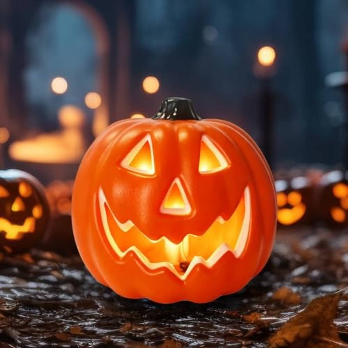 Close-up orange LED jack-o-lantern pumpkin glowing on a dark surface