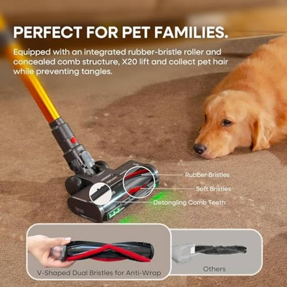 Cordless stick vacuum cleaner head on carpet with roller brush for pet hair