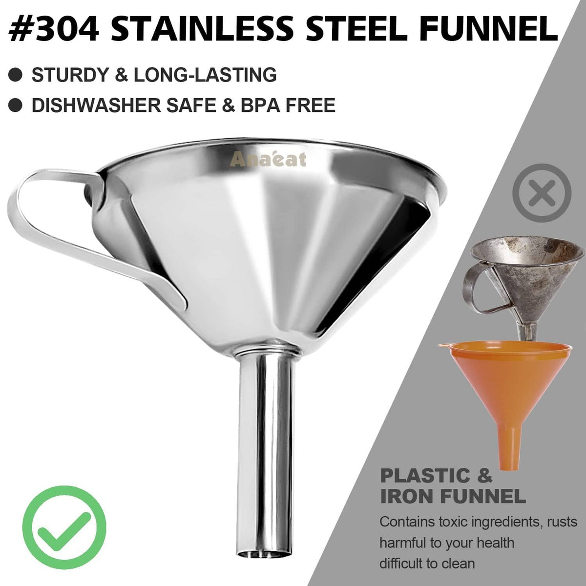 304 stainless steel funnel with curved handle and detachable strainer