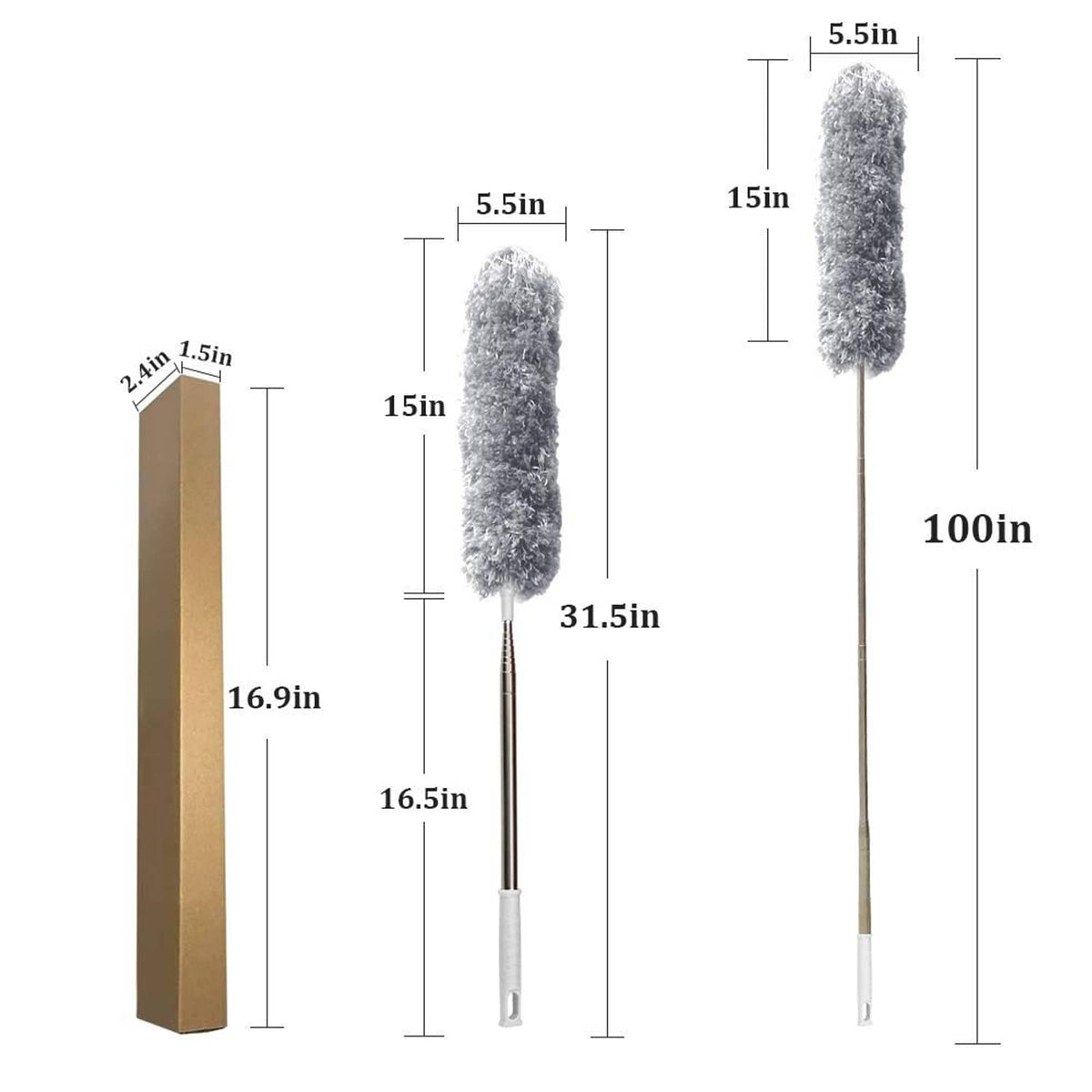 Delux extendable microfiber feather duster with 100-inch pole, size diagram