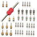 Refrigerant AC valve core kit with removal tool and multiple valve cores in rows