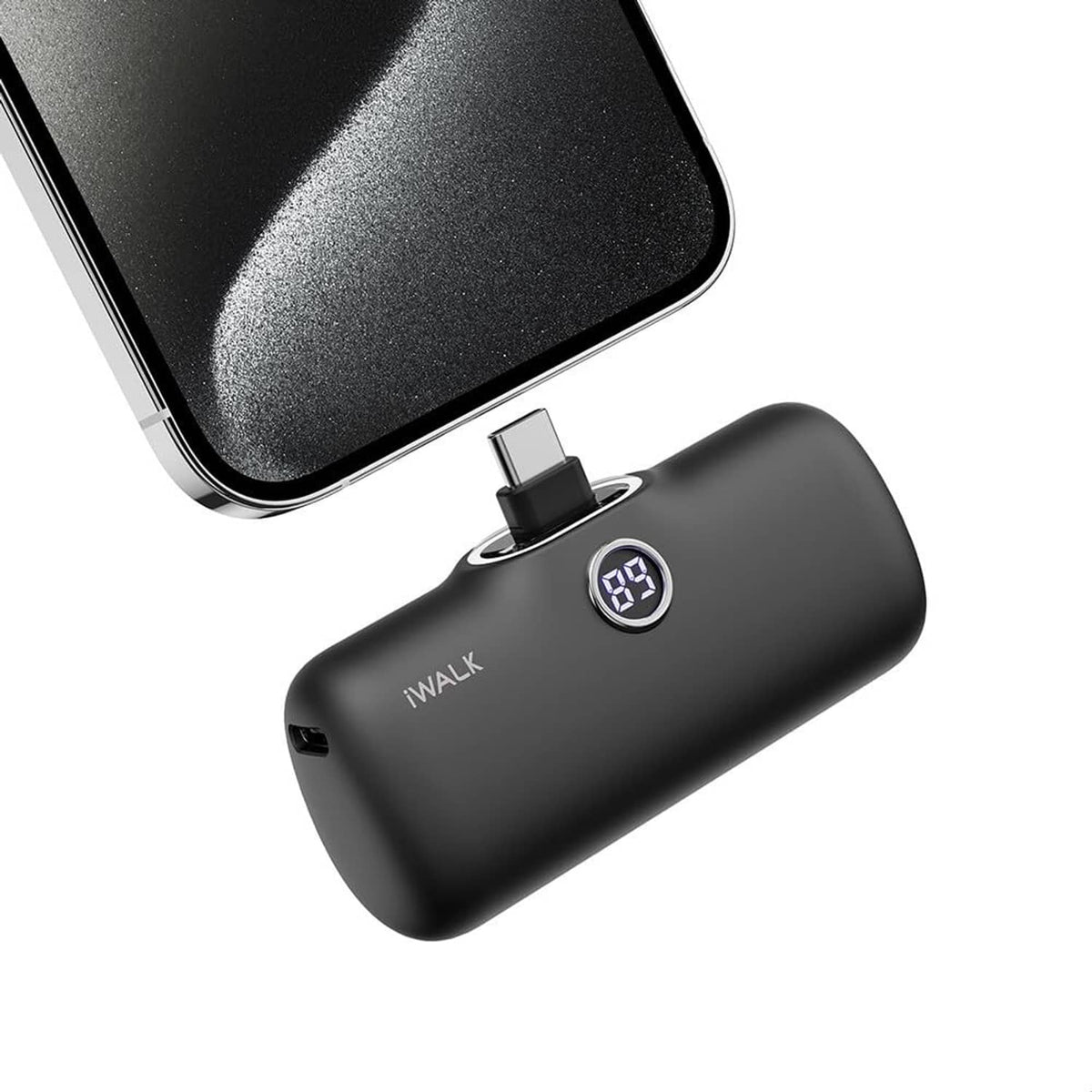 Black mini USB-C portable charger with digital LED battery display