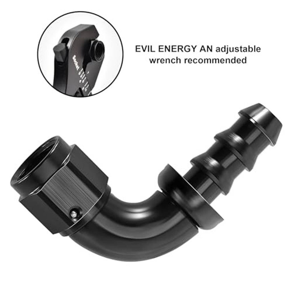 Black 90-degree hose end fitting with knurled ring and wrench-ready design