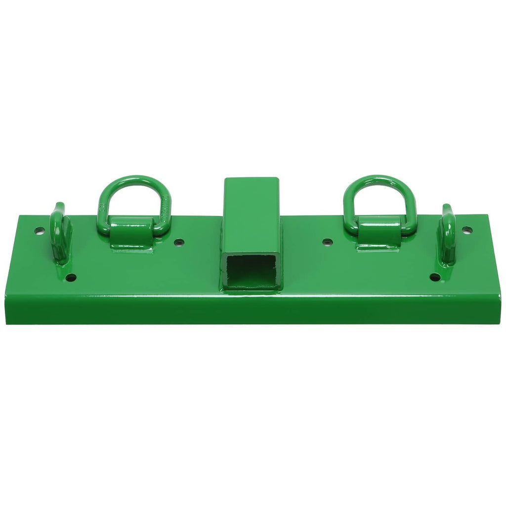 Green steel mounting bar with two D-ring grab hooks and center receiver opening