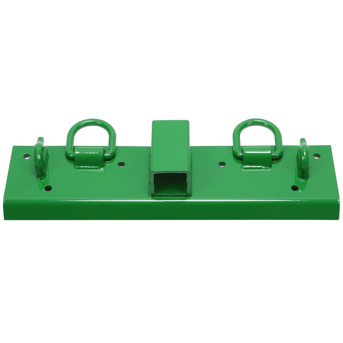 Green steel mounting bar with two D-ring grab hooks and center receiver opening