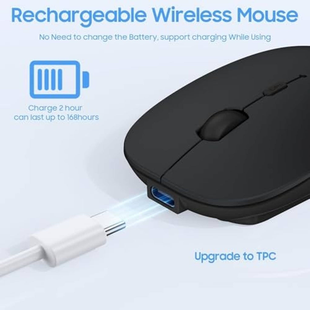 Rechargeable wireless mouse with USB charging cable and indicator light close-up
