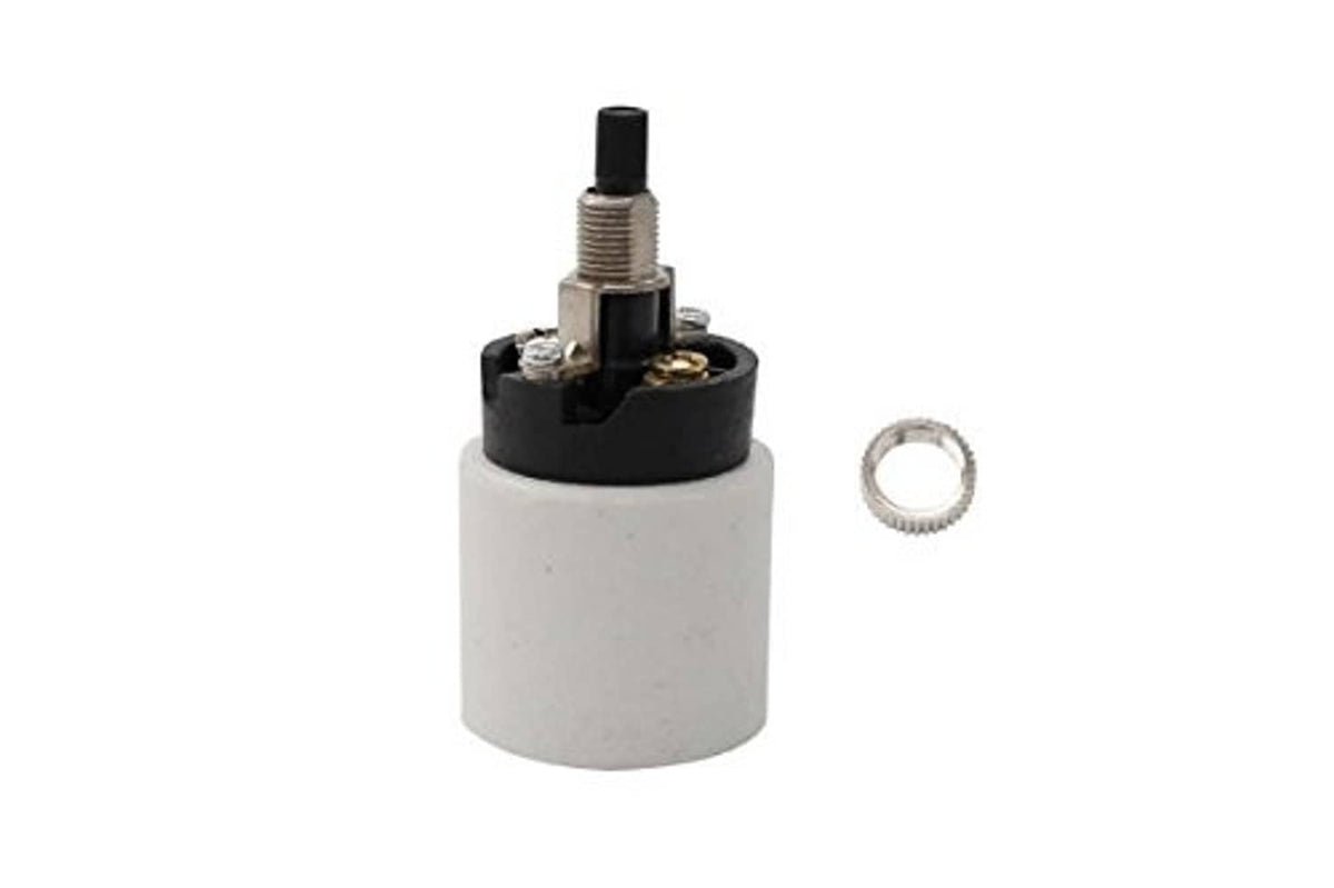 Porcelain ceramic lamp socket rotary switch: white body, black base, metal screw terminals