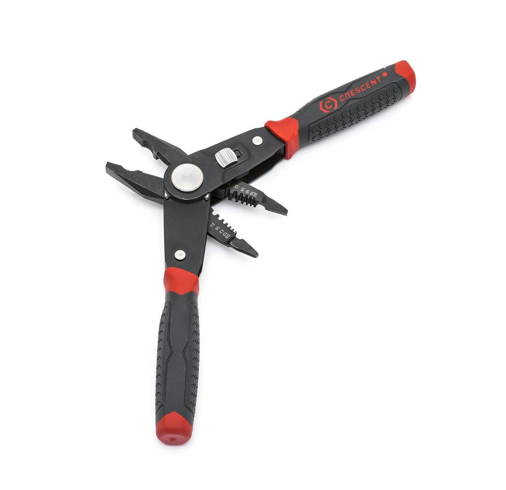 Dual-material lineman’s pliers with wire stripping jaws; black handle with orange accents.