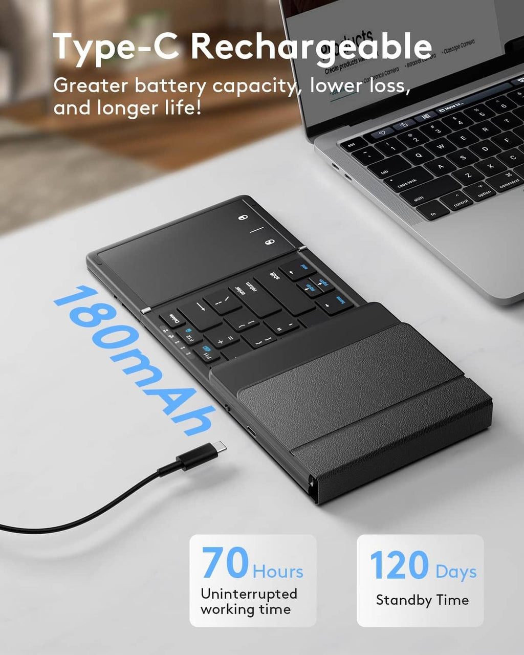 Folded black Bluetooth keyboard with touchpad and Type-C charging cable