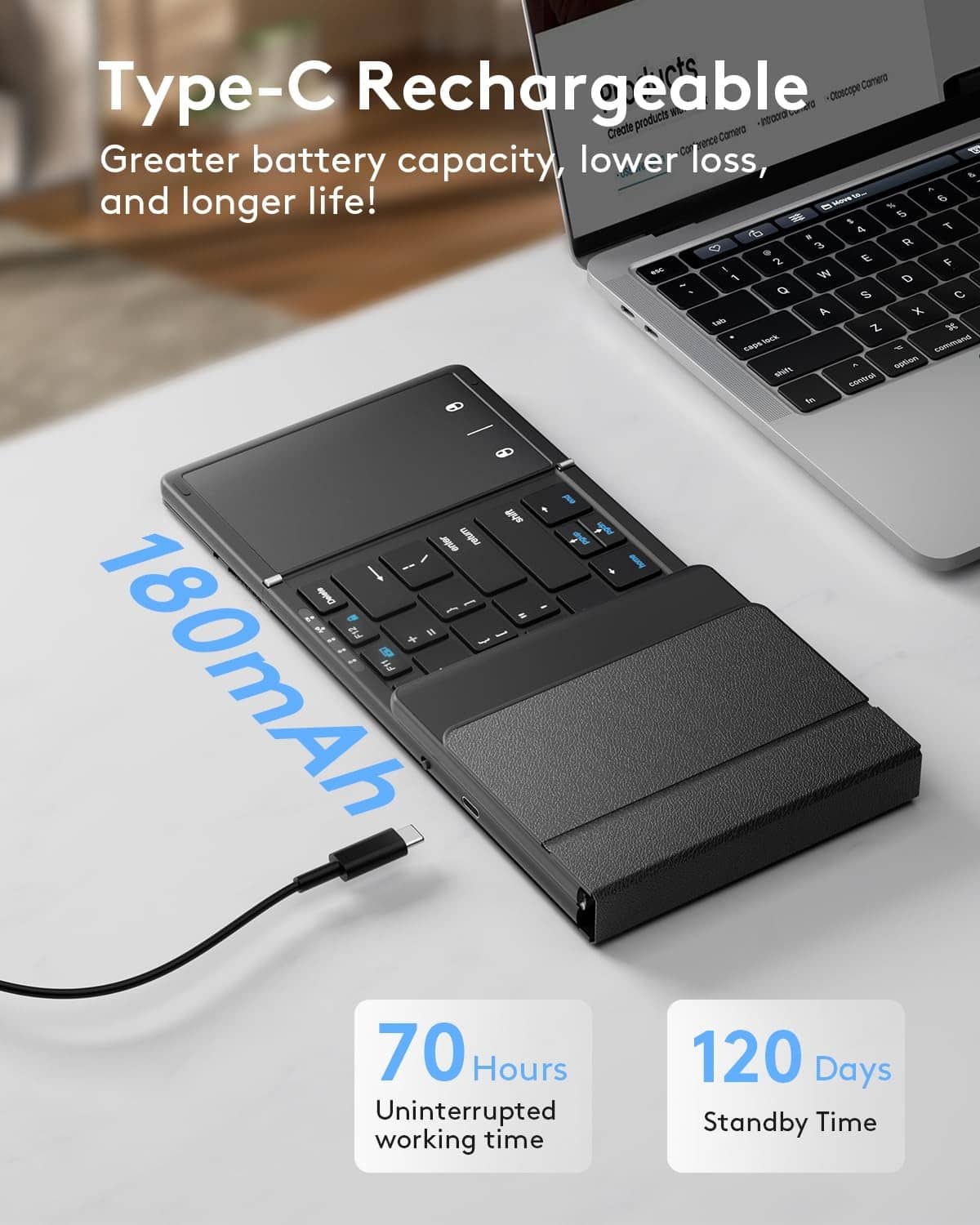 Folded black Bluetooth keyboard with touchpad and Type-C charging cable