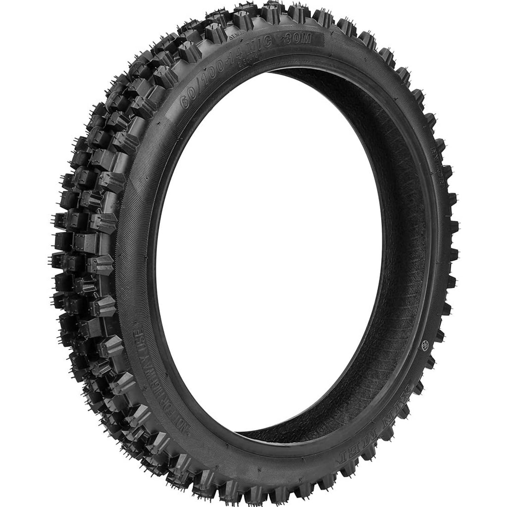 Knobby front tire, black rubber with dense tread lugs for traction.