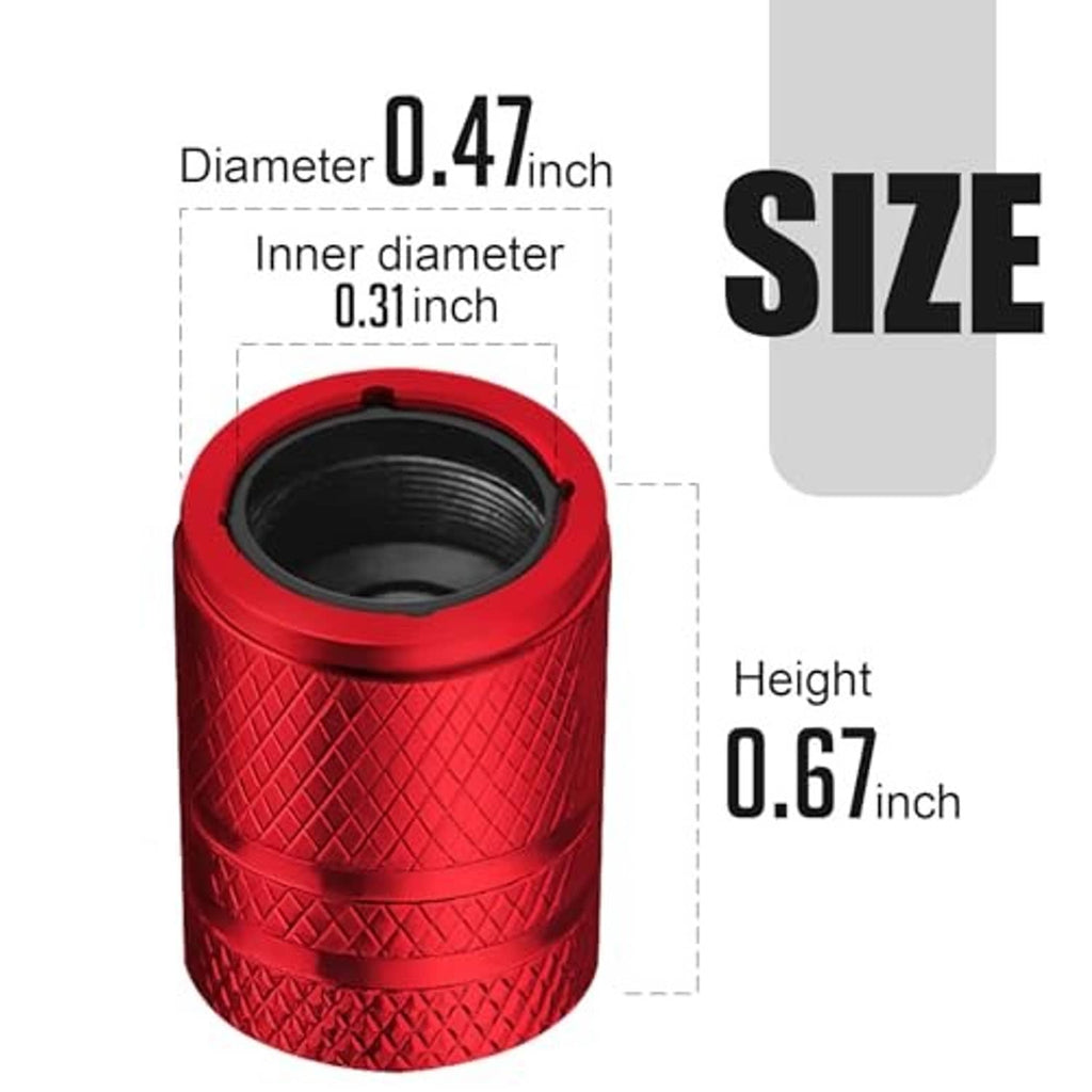 Red tire valve stem cap with black inner opening and textured grip
