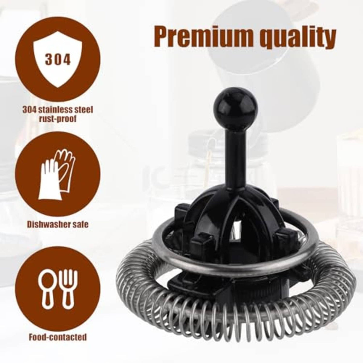 Black milk frother replacement whisk with silver coiled spring and central post